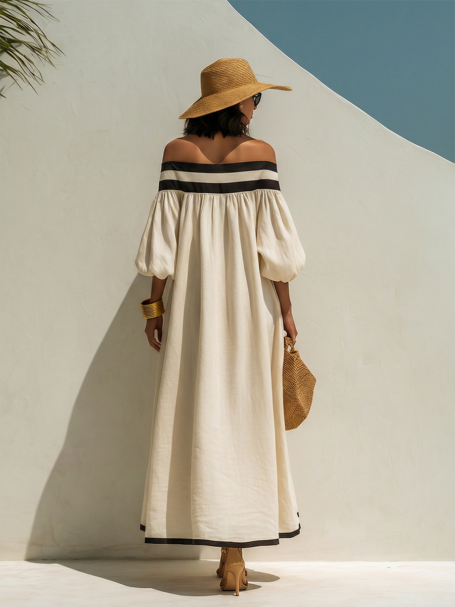 Ava | Linen Off-Shoulder Balloon Sleeve Maxi Dress