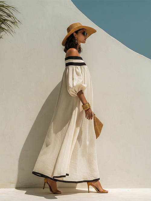 Ava | Linen Off-Shoulder Balloon Sleeve Maxi Dress