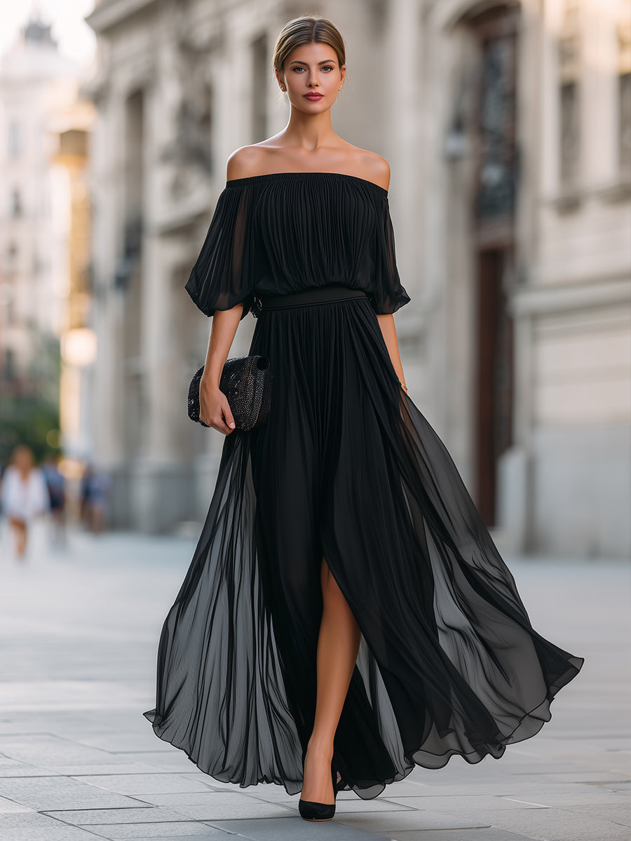 Hazel | Off-Shoulder Pleated Slit Maxi Dress
