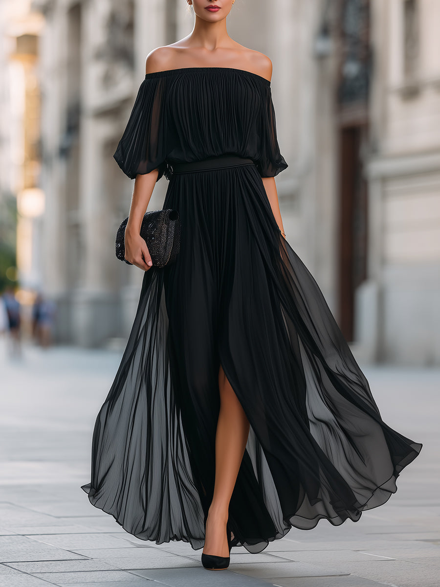 Hazel | Off-Shoulder Pleated Slit Maxi Dress