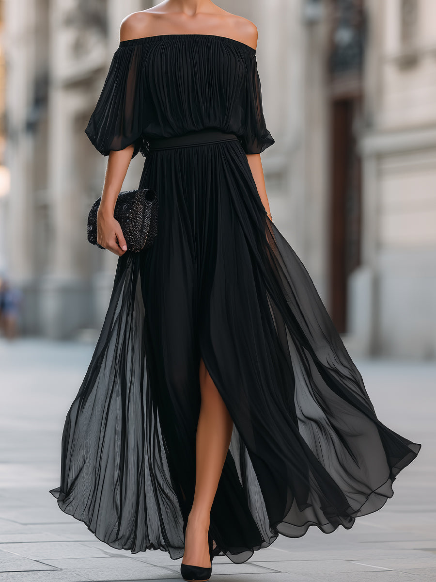 Hazel | Off-Shoulder Pleated Slit Maxi Dress