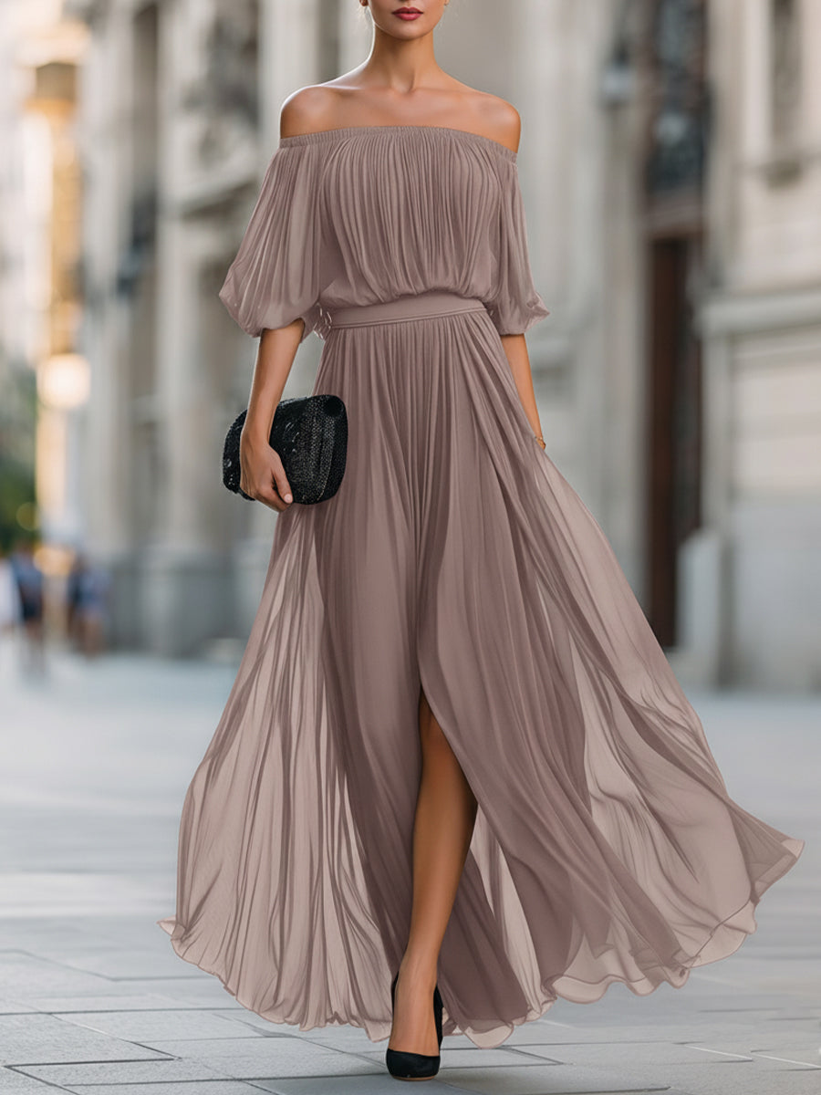 Hazel | Off-Shoulder Pleated Slit Maxi Dress