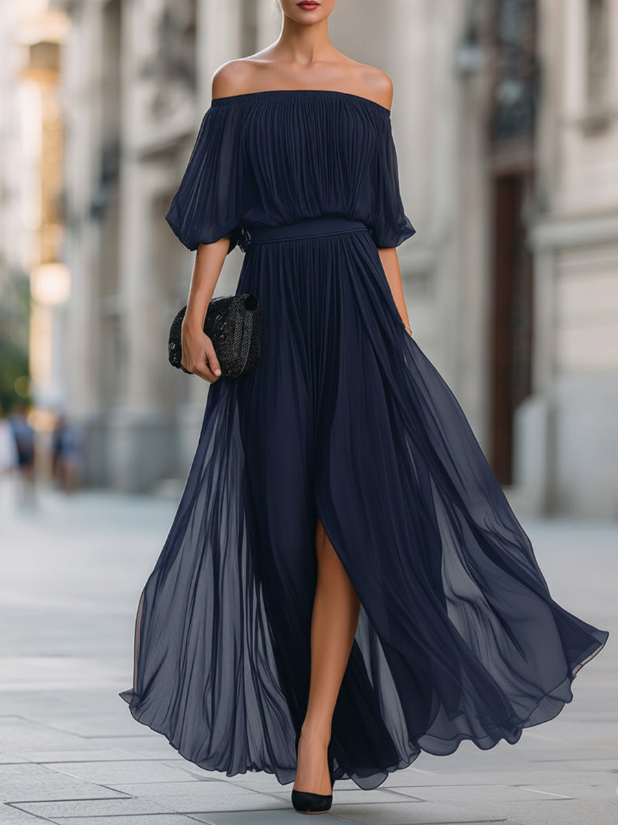 Hazel | Off-Shoulder Pleated Slit Maxi Dress