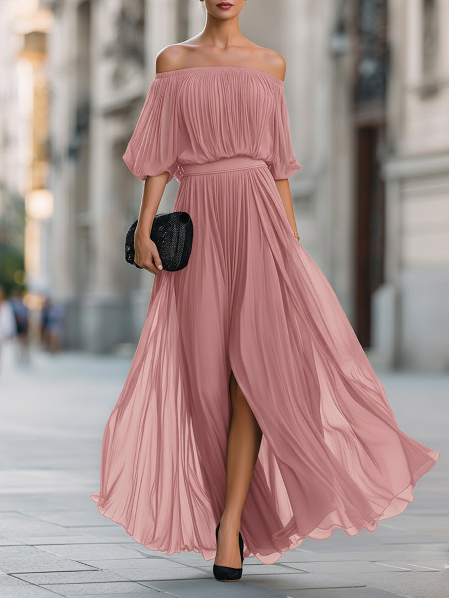 Hazel | Off-Shoulder Pleated Slit Maxi Dress