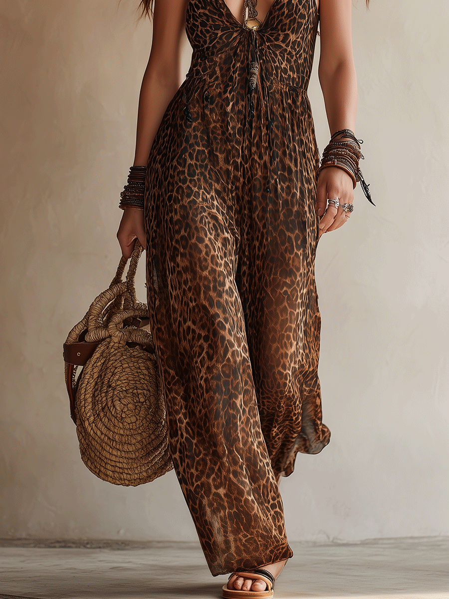 Reverie | Leopard Halter Wide-Leg Jumpsuit