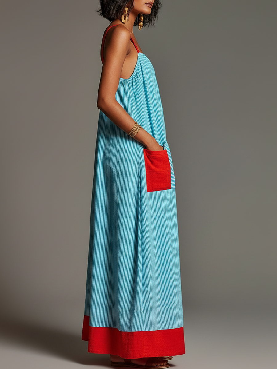 Paige | Striped Cotton Square-Neck Pocket Maxi Dress