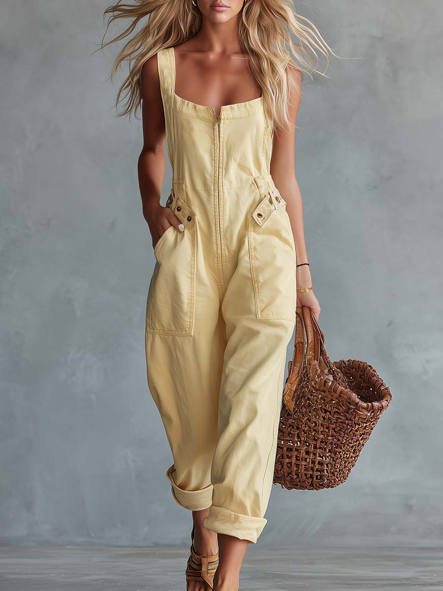 Sloane | Denim Cargo Square-Neck Jumpsuit