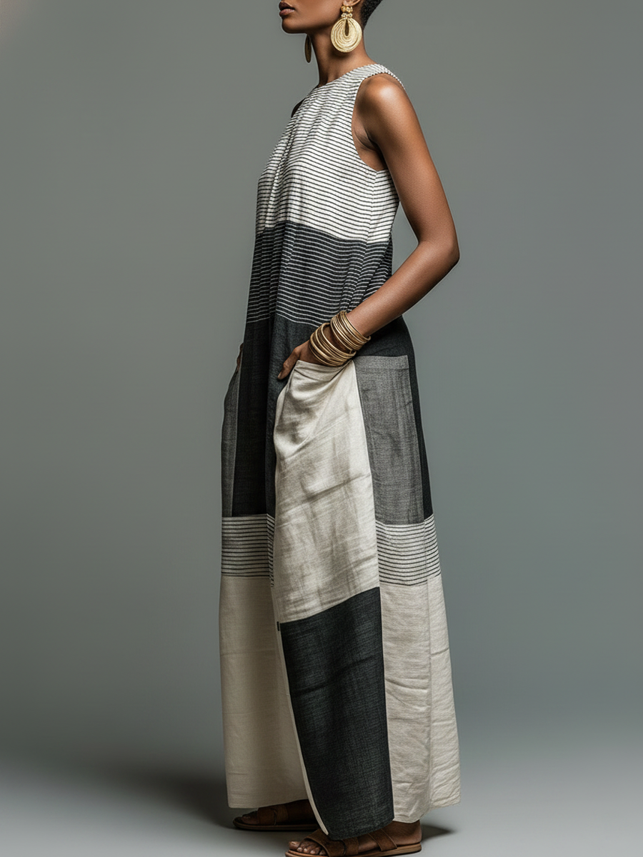 Lux | Striped Colorblock Linen Maxi Dress
