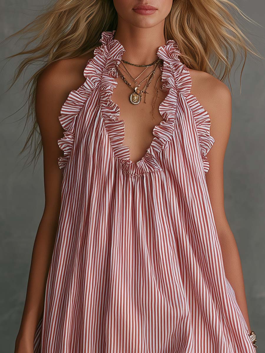 Samantha | Striped Ruffle Halter Mini Dress