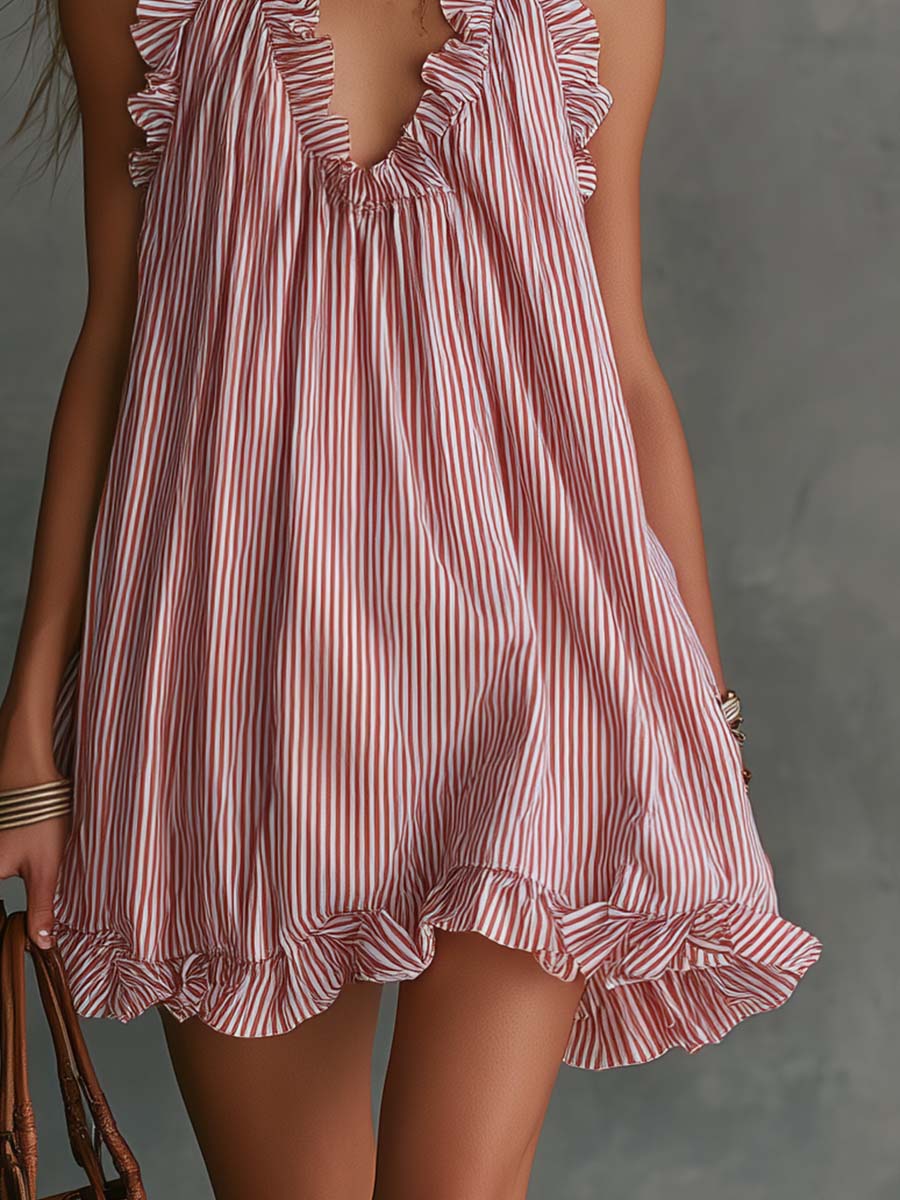 Samantha | Striped Ruffle Halter Mini Dress