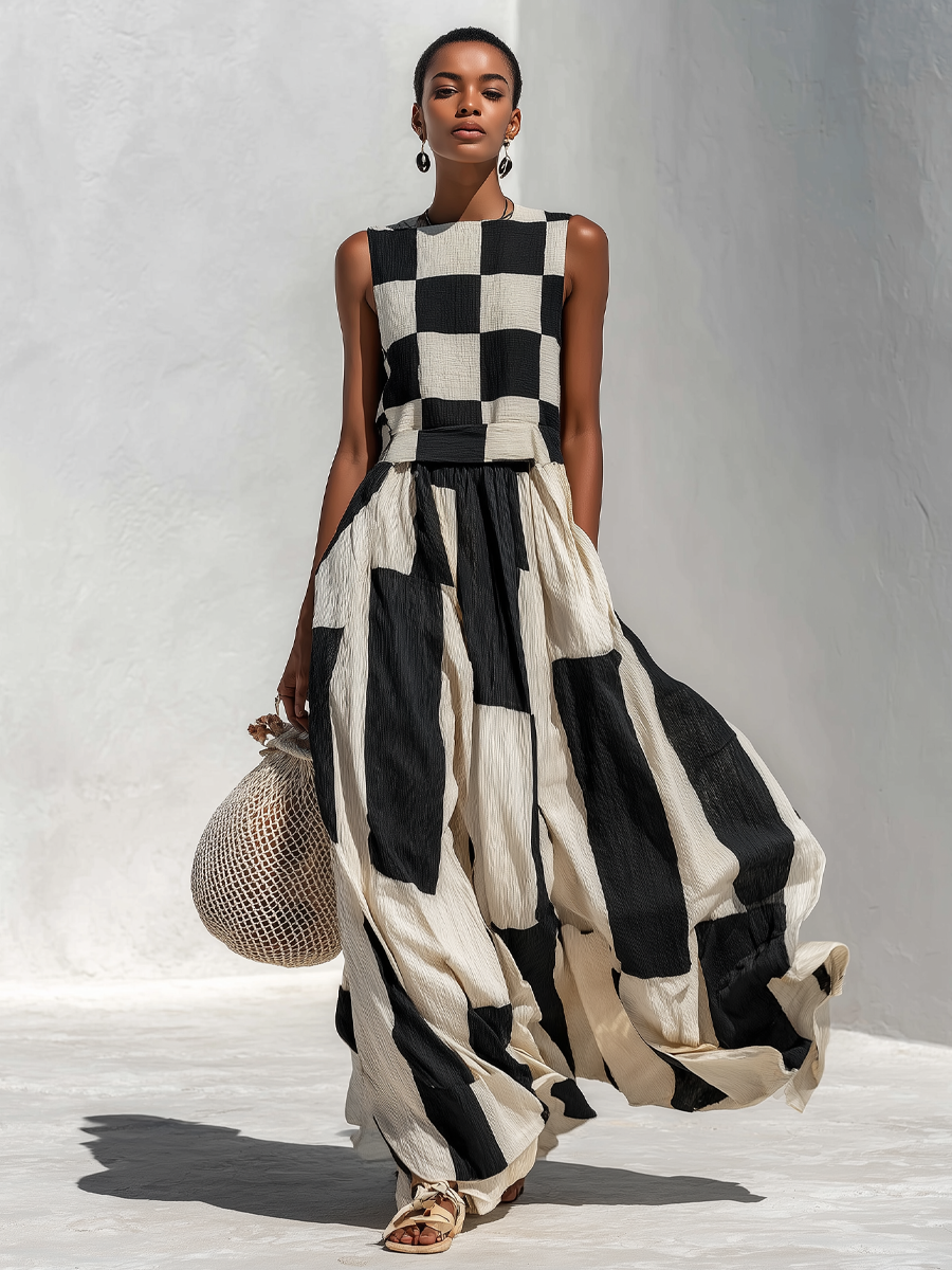 Reverie | Checkerboard Linen Wide-Leg Co-ord Set
