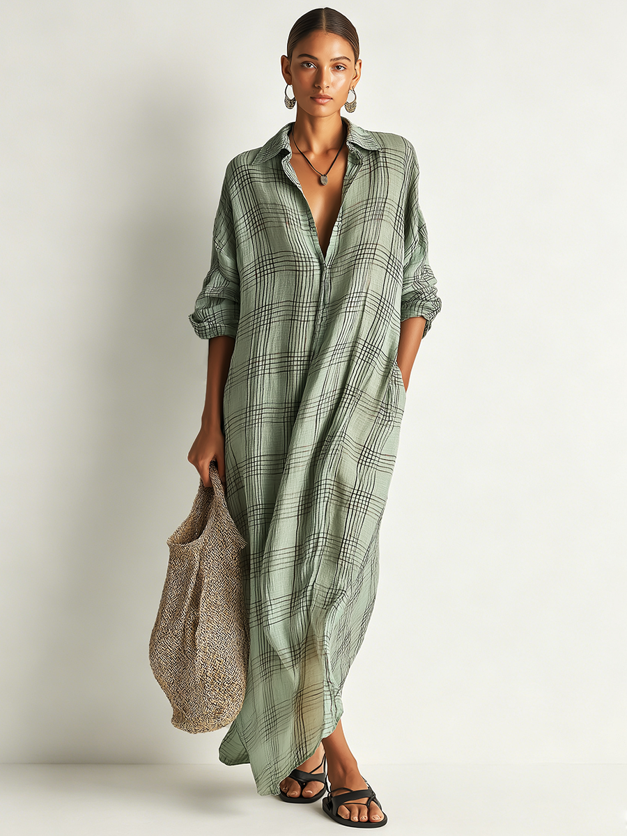 Nora | Plaid Linen Collared Long-Sleeve Oversized Shirt Dress Maxi