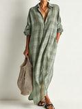 Nora | Plaid Linen Collared Long-Sleeve Oversized Shirt Dress Maxi
