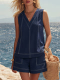 Sutton | Contrast-Stitch V-Neck Sleeveless Top Pocket Shorts Co-ord Set