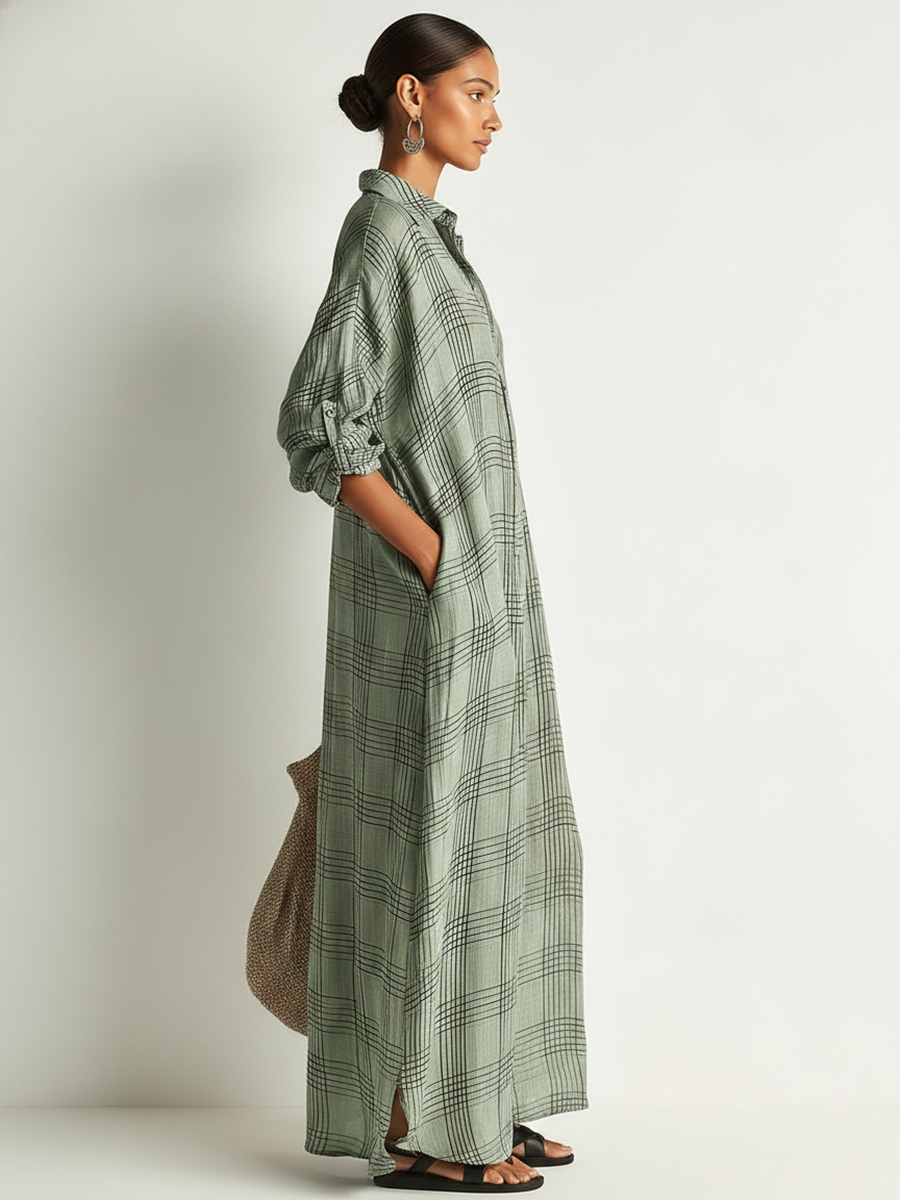 Nora | Plaid Linen Collared Long-Sleeve Oversized Shirt Dress Maxi