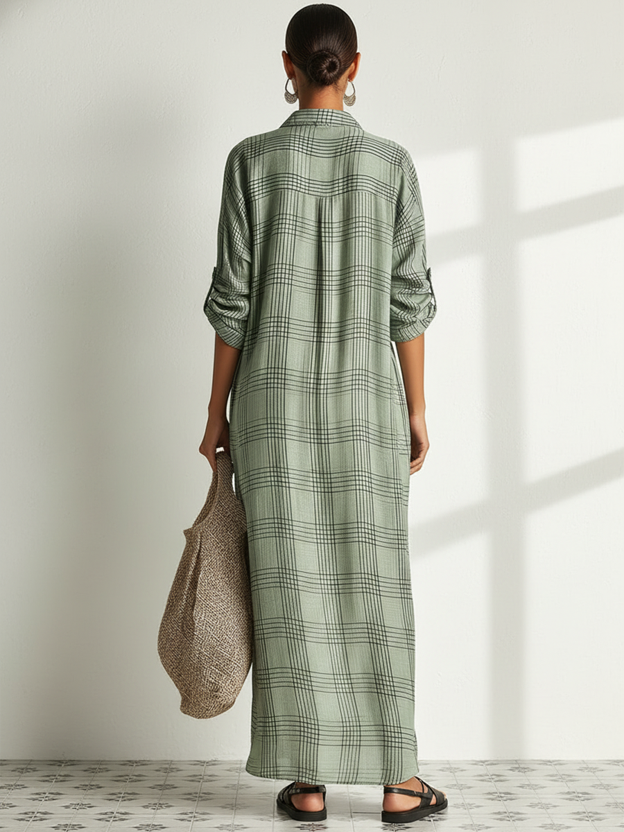 Nora | Plaid Linen Collared Long-Sleeve Oversized Shirt Dress Maxi
