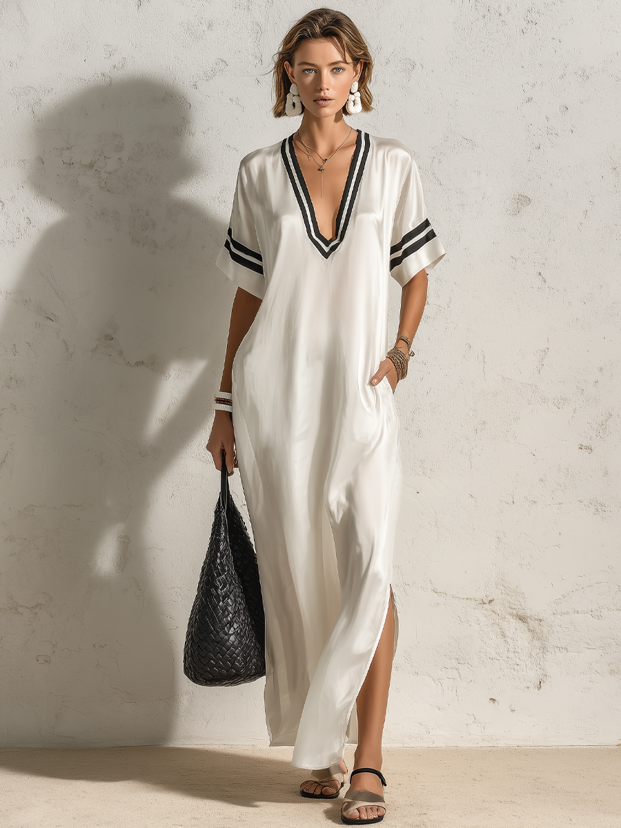 Eleanor | Satin Plunge V-Neck Side-Slit Kaftan Maxi Dress