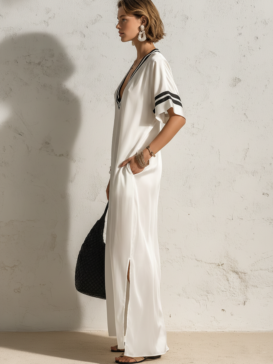 Eleanor | Satin Plunge V-Neck Side-Slit Kaftan Maxi Dress