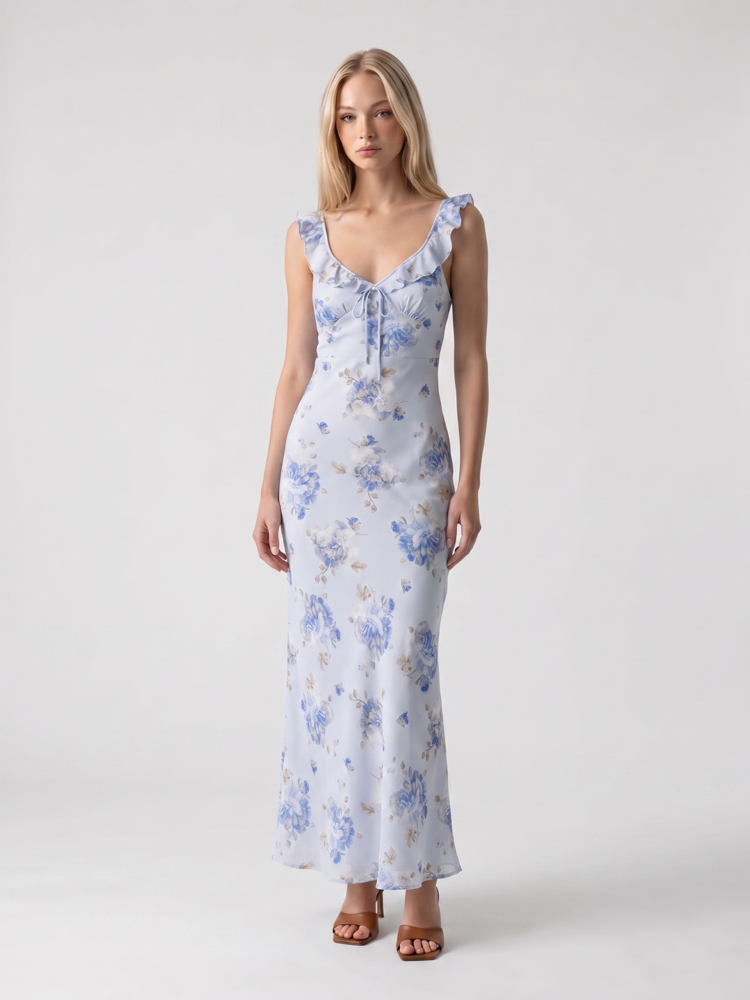 Maisie | Floral Ruffle Strap Tie-Front Maxi Dress