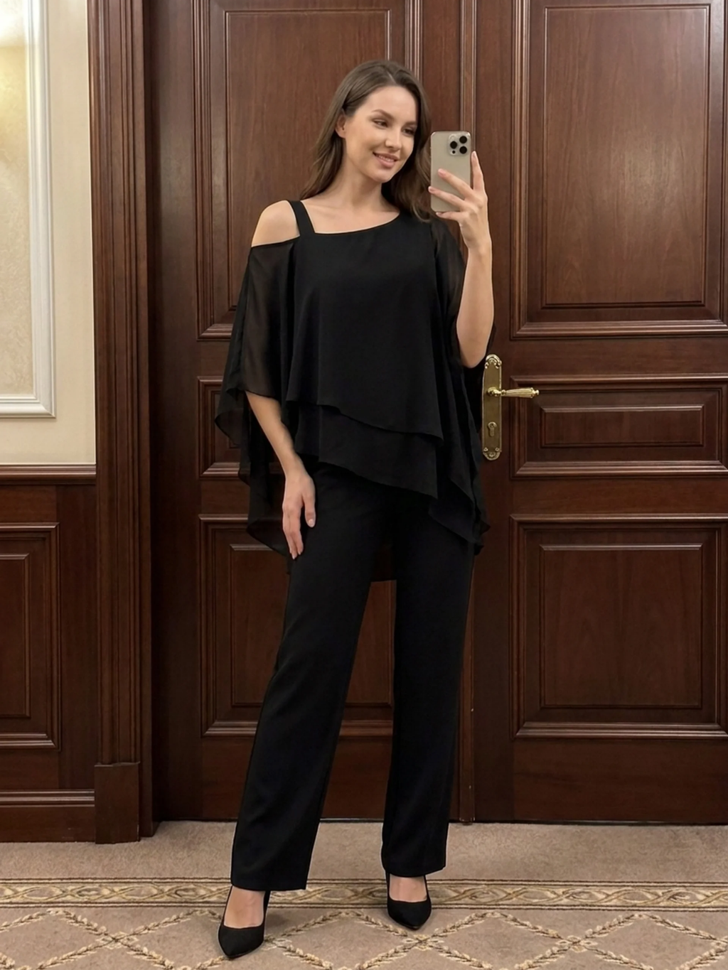CASSIA Women's Cold Shoulder Overlay Top and Trouser Set
