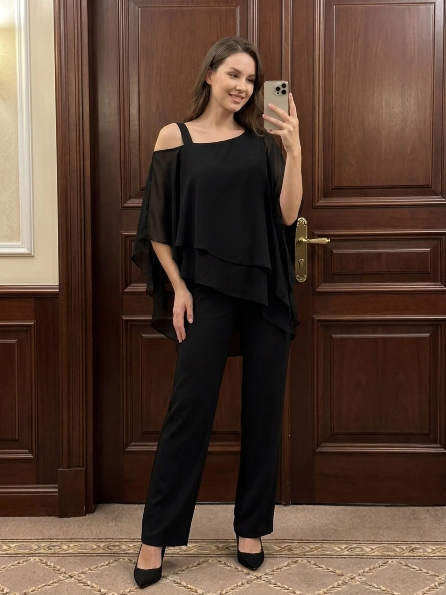 CASSIA Women's Cold Shoulder Overlay Top and Trouser Set
