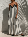 Ava | Striped Linen V-Neck Tiered Maxi Dress