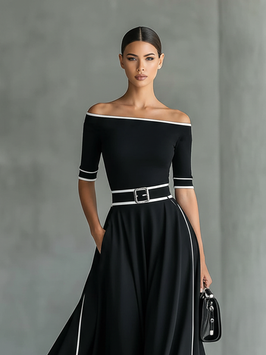 Sharon | Off-Shoulder Contrast-Trim Belted Maxi Dress