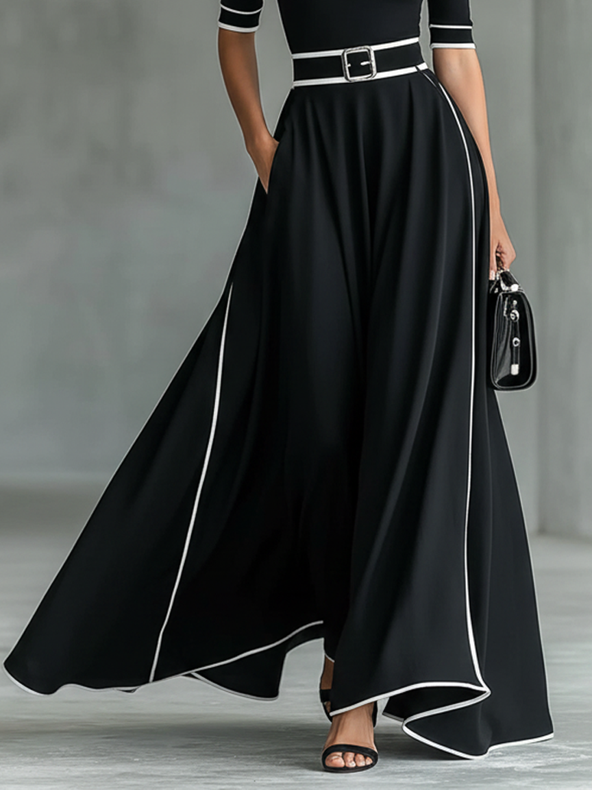Sharon | Off-Shoulder Contrast-Trim Belted Maxi Dress