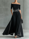 Sharon | Off-Shoulder Contrast-Trim Belted Maxi Dress