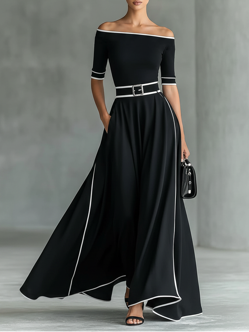 Sharon | Off-Shoulder Contrast-Trim Belted Maxi Dress