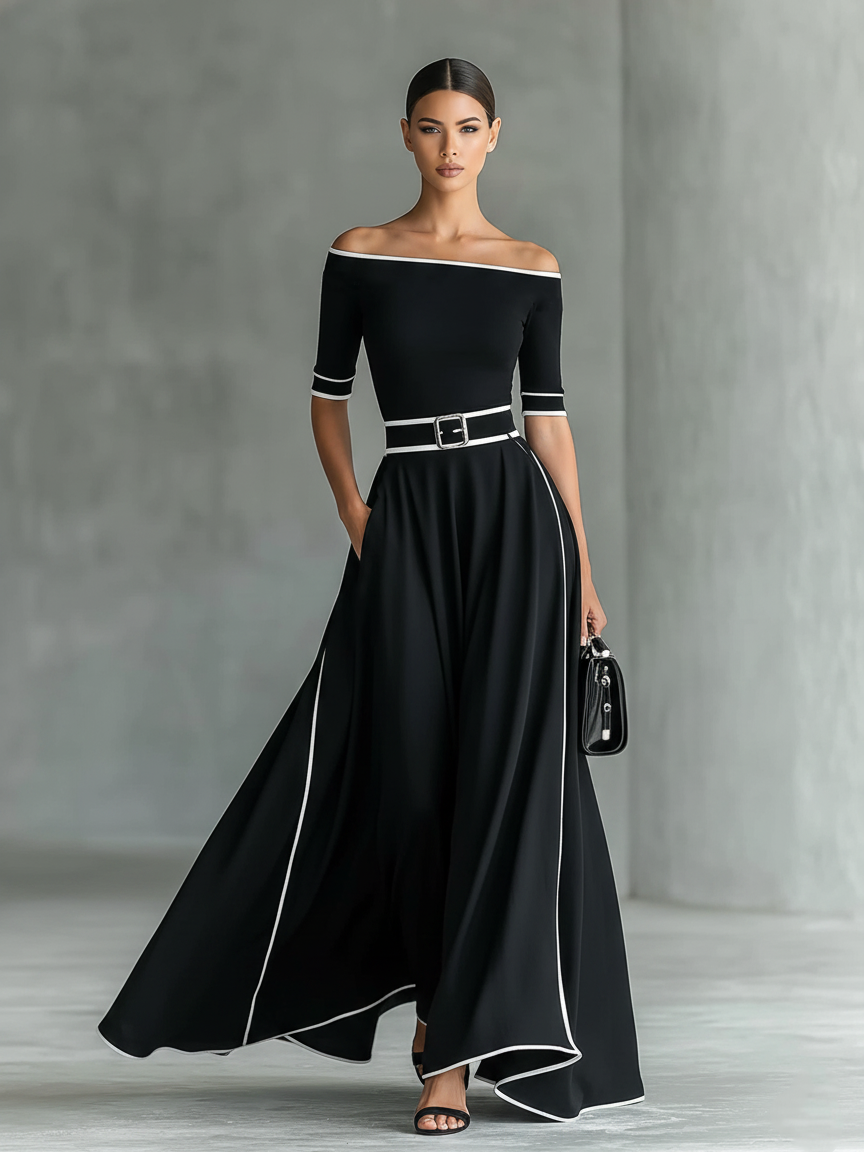Sharon | Off-Shoulder Contrast-Trim Belted Maxi Dress