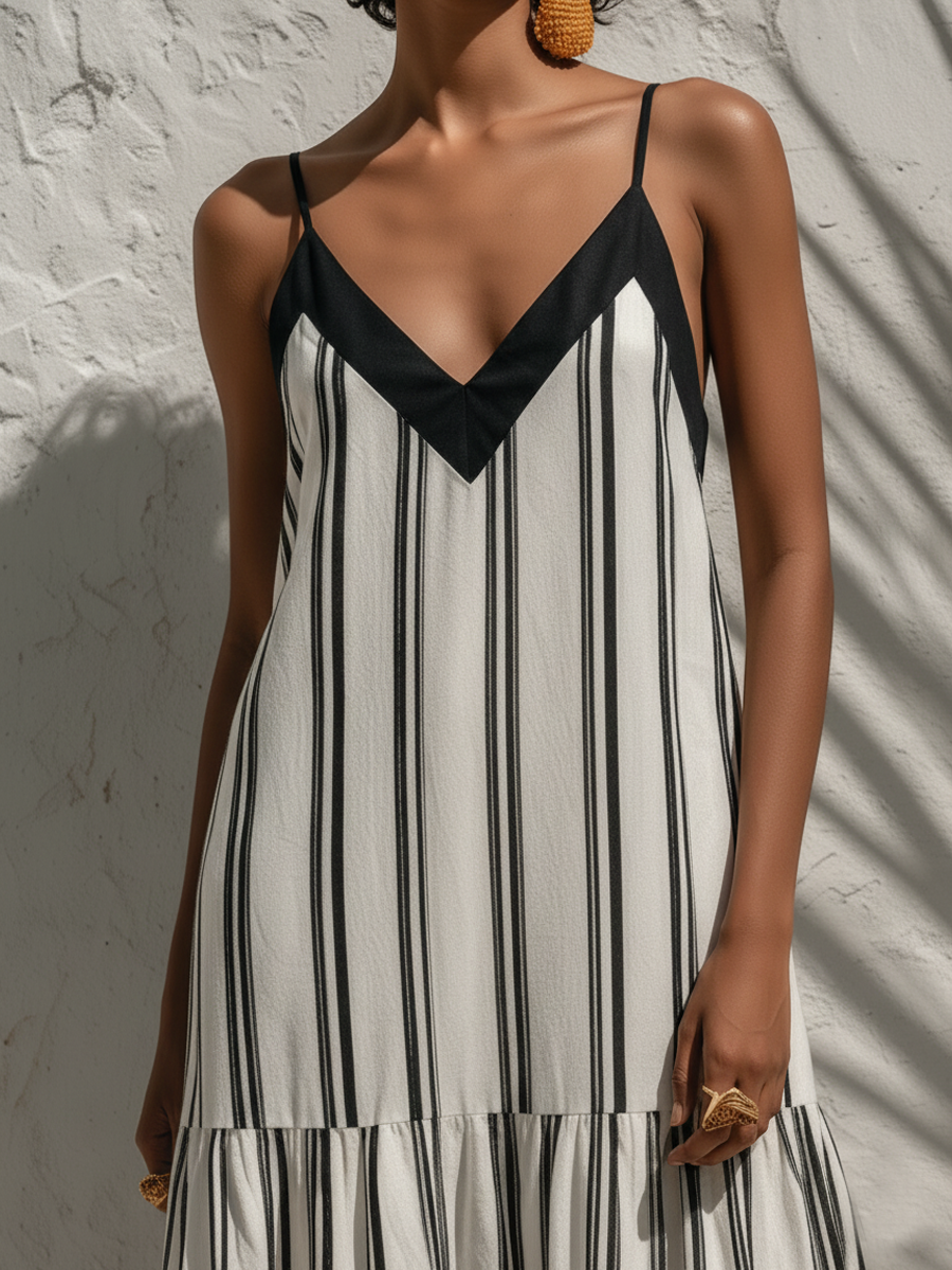 Ava | Striped Linen V-Neck Tiered Maxi Dress