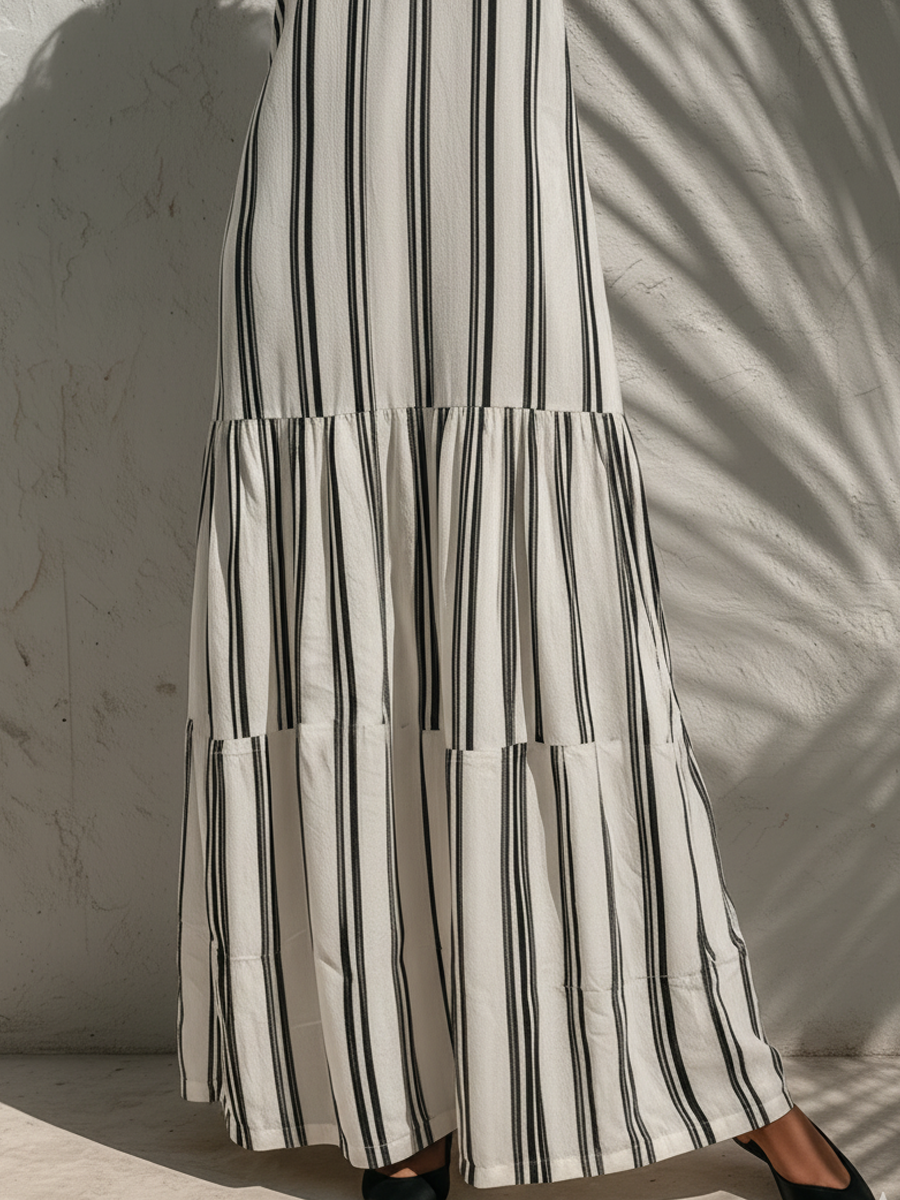 Ava | Striped Linen V-Neck Tiered Maxi Dress