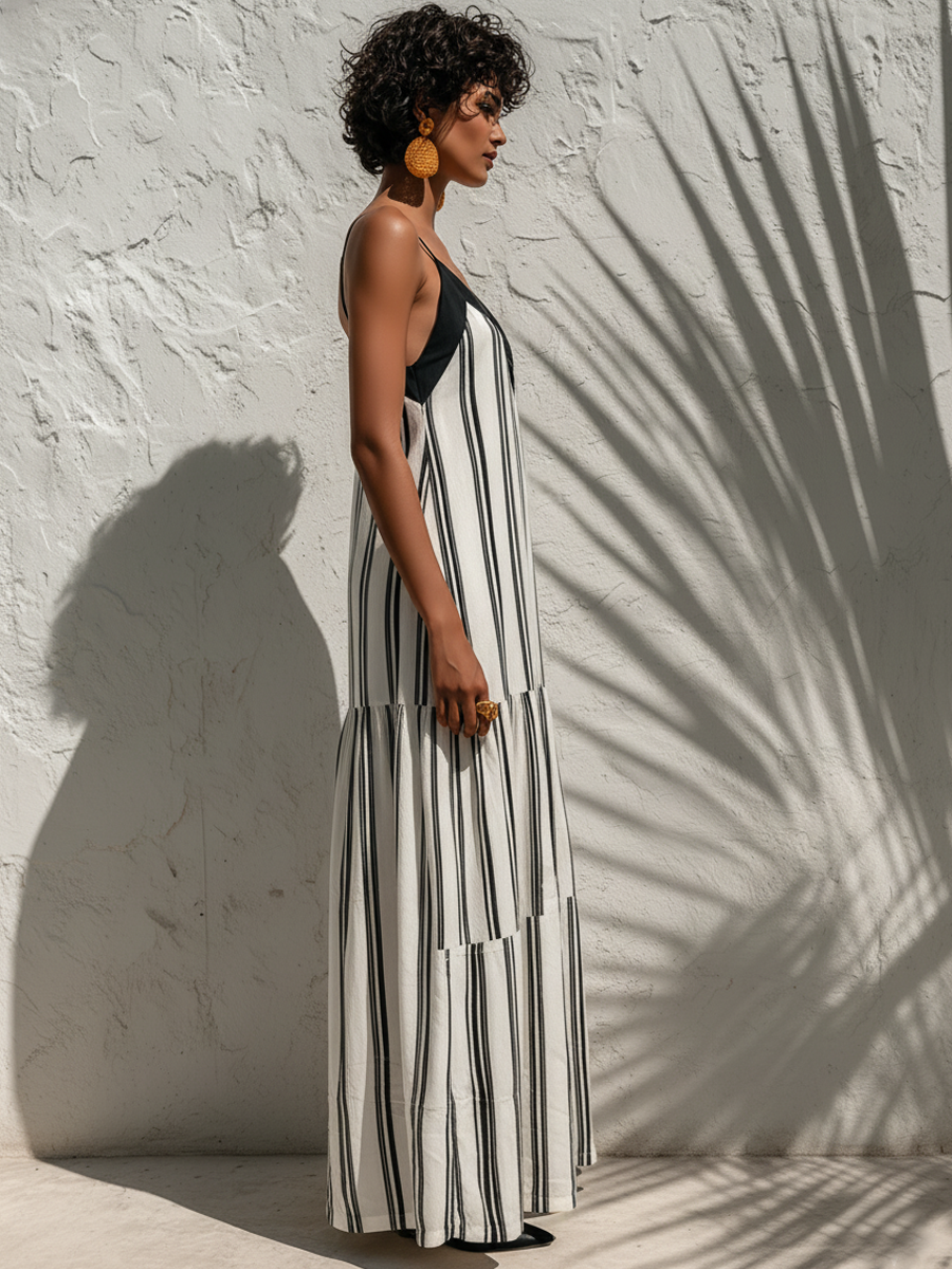 Ava | Striped Linen V-Neck Tiered Maxi Dress