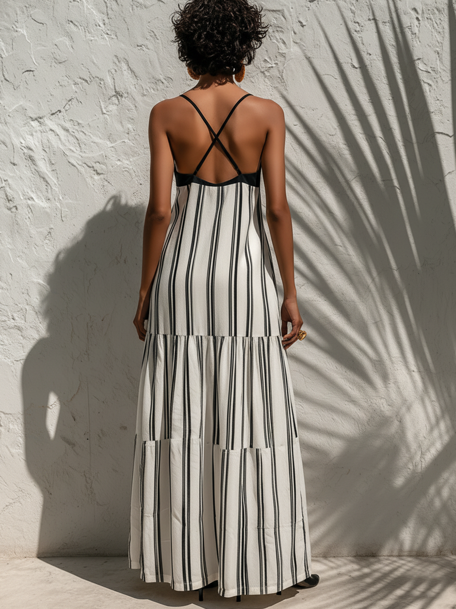 Ava | Striped Linen V-Neck Tiered Maxi Dress