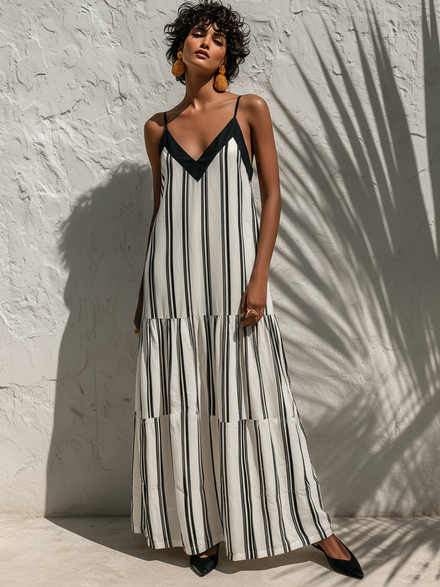 Ava | Striped Linen V-Neck Tiered Maxi Dress