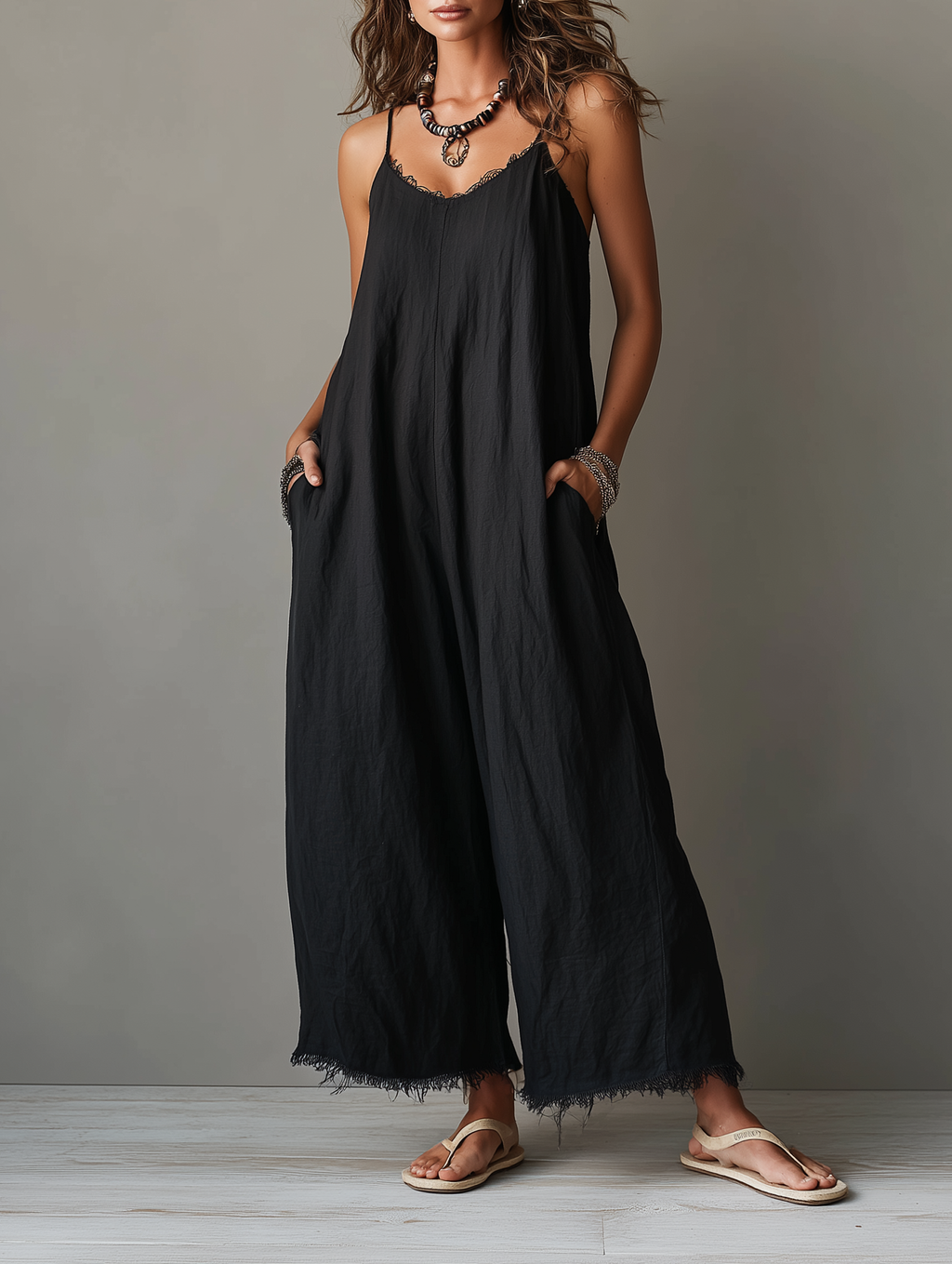 Heidi | Linen Frayed-Hem Wide-Leg Jumpsuit