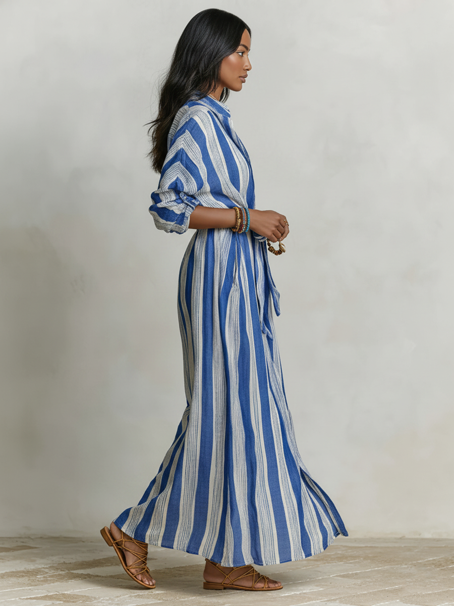 Josephine | Striped Linen Collared Belted Shirt Dress Maxi