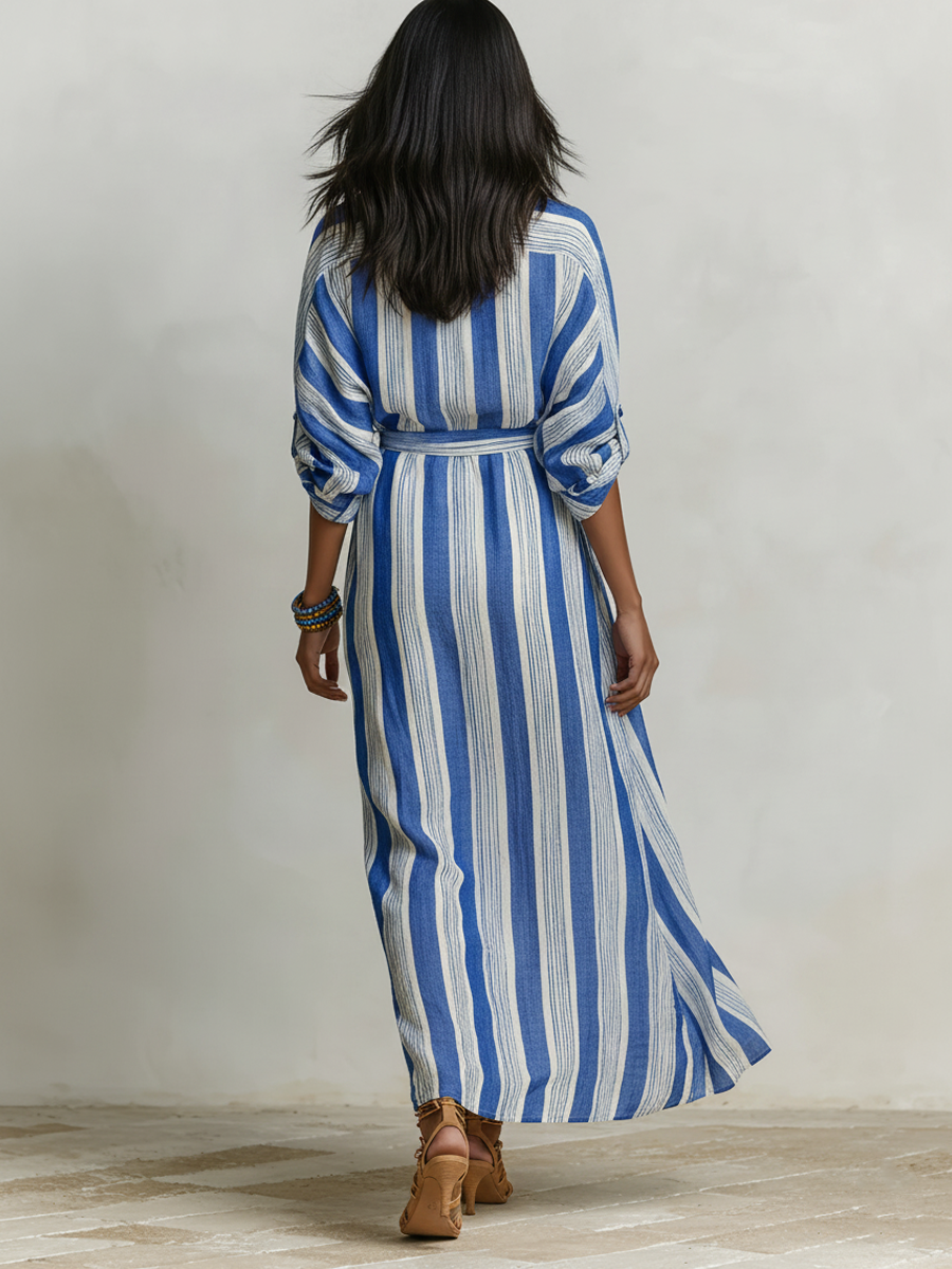 Josephine | Striped Linen Collared Belted Shirt Dress Maxi