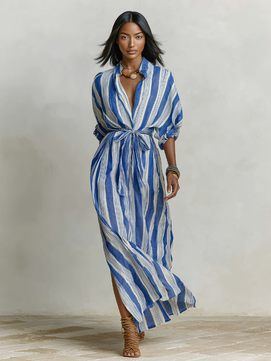 Josephine | Striped Linen Collared Belted Shirt Dress Maxi
