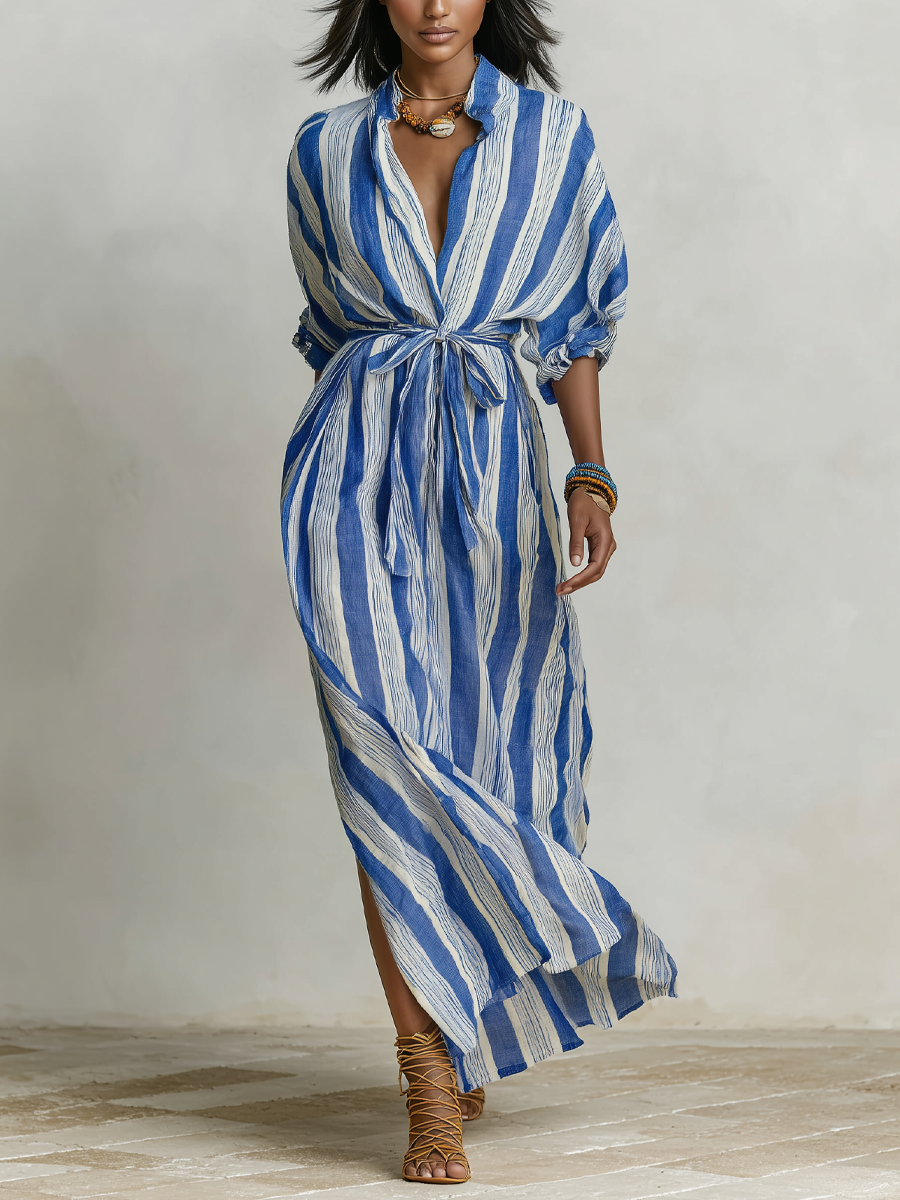 Josephine | Striped Linen Collared Belted Shirt Dress Maxi
