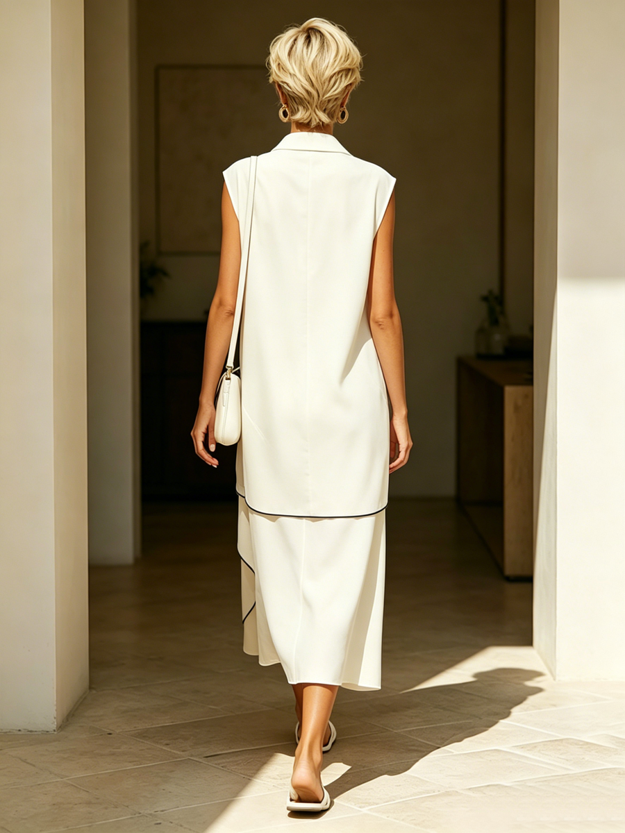 Olivia | Lapel V-Neck Tiered Contrast-Trim Midi Dress