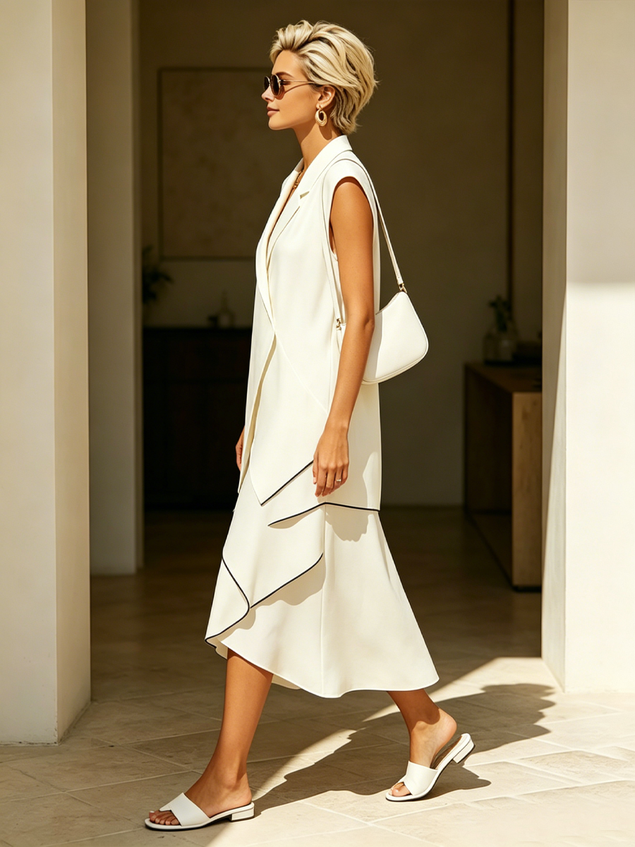 Olivia | Lapel V-Neck Tiered Contrast-Trim Midi Dress