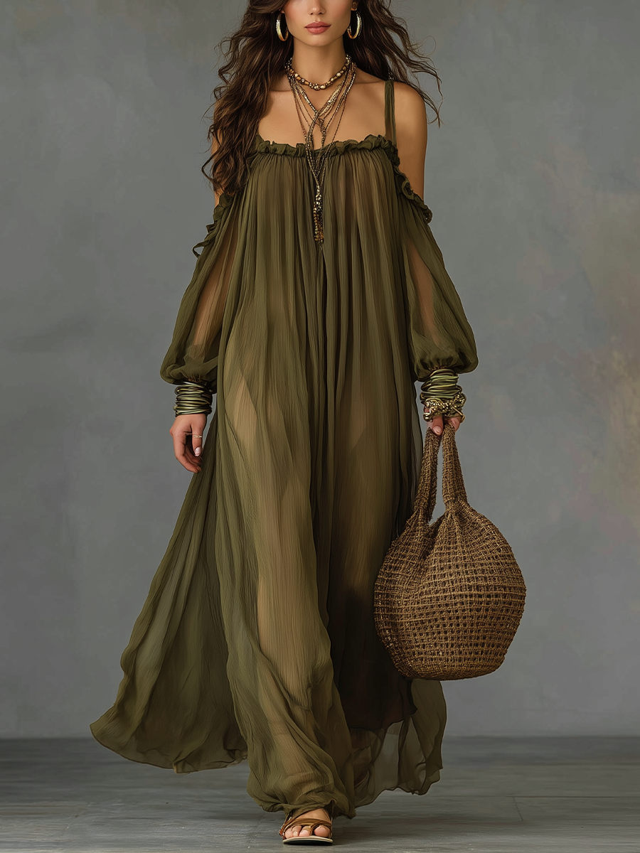 Cleo | Cold-Shoulder Bishop Sleeve Maxi Dress