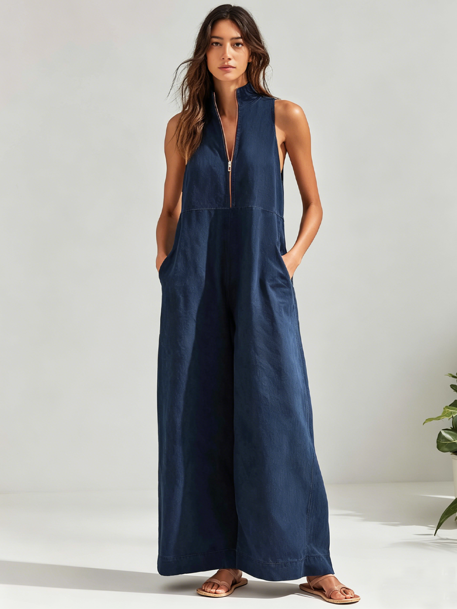 Madison | Denim Sleeveless Zip-Front Wide-Leg Jumpsuit