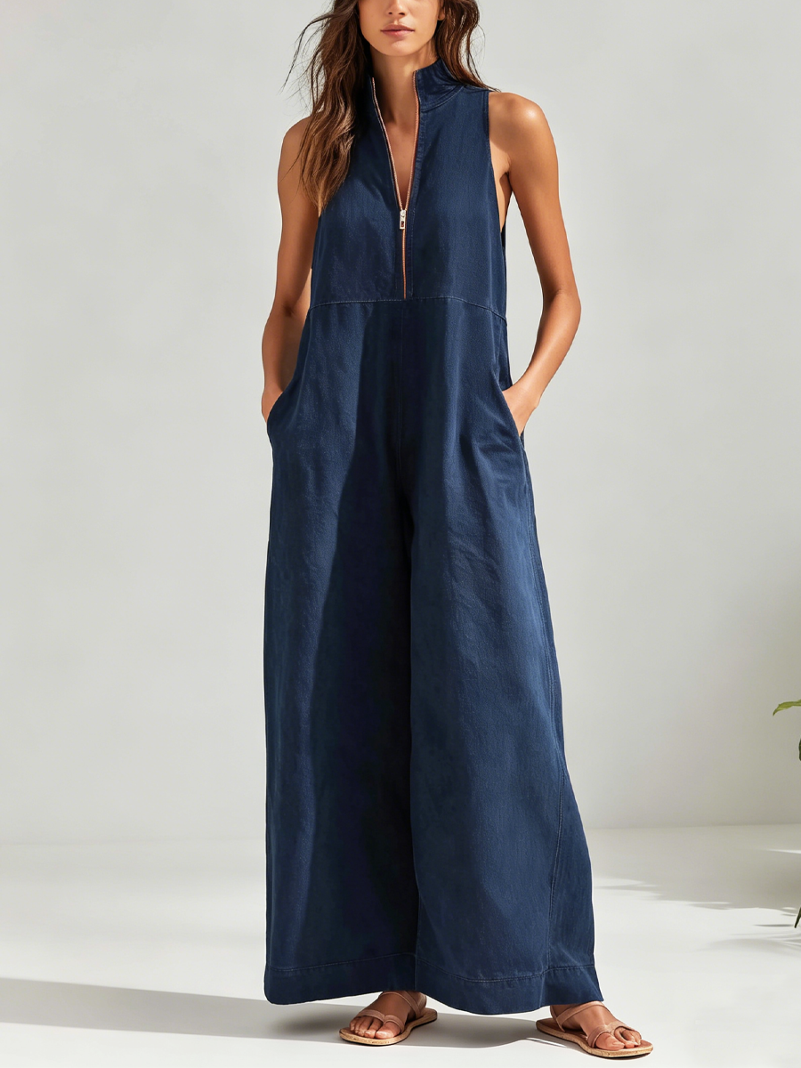 Madison | Denim Sleeveless Zip-Front Wide-Leg Jumpsuit