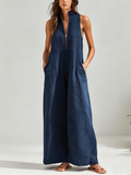 Madison | Denim Sleeveless Zip-Front Wide-Leg Jumpsuit