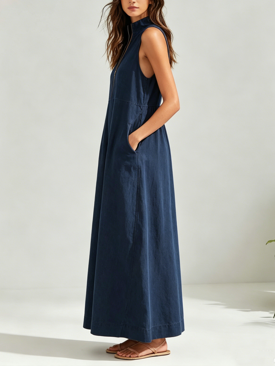 Madison | Denim Sleeveless Zip-Front Wide-Leg Jumpsuit