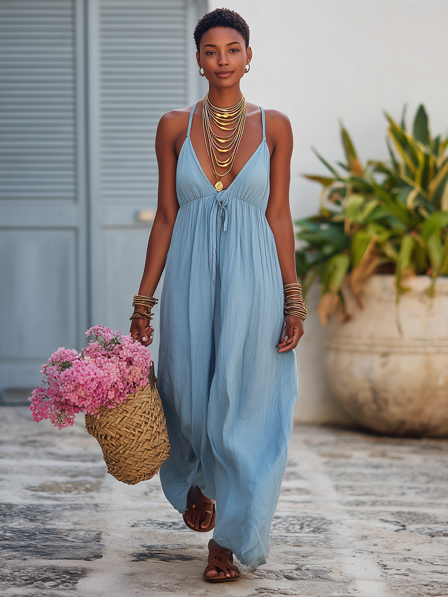 Margot | Linen Plunge V-Neck Spaghetti Strap Maxi Dress