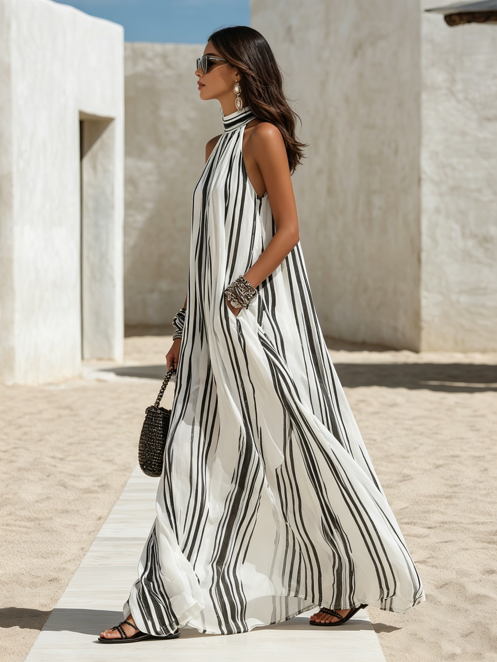 Maeve | Halter Chiffon Striped Maxi Dress